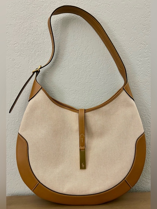 Ralph Lauren Handbags - Ralph Lauren Polo ID Beige Canvas Shoulder Bag with Tan Leather Trim, like new!